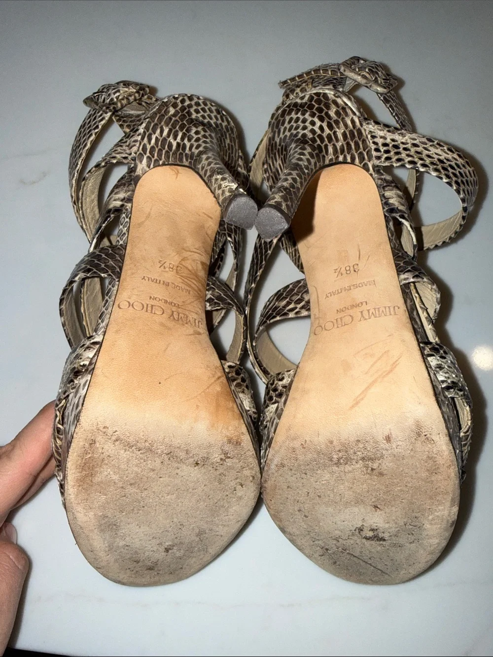 Jimmy Choo Black and Beige Snake-Print Strappy Heels
